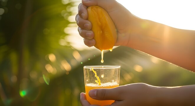 Squeezing luscious citrus juice into a glass for fresh beverage preparation