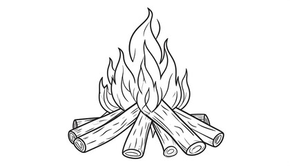 A detailed black and white drawing of a campfire with flames and logs.