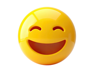 Rendered cheerful yellow face with open smile, glossy finish, isolated black