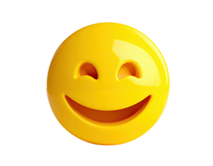 A 3D rendered, bright yellow emoji face with a large smile and closed eyes