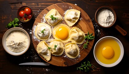 Ravioli, flour, and egg yolks arranged on a wooden board, ready for cooking.  A top-down view showcases the ingredients and preparation for a pasta dish.