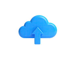 3D rendering of a blue cloud icon with an upward arrow on a black background