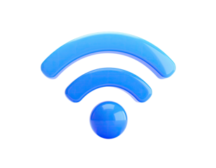 Glossy 3D WiFi signal icon, radiating blue arcs over a sphere on black