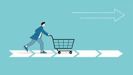 customer journey, analysis of marketing or advertising strategies, customer experience in purchasing products, man pushing shopping cart on customer journey path

