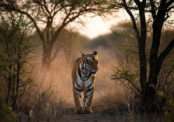 Tigers Focused Stroll Through the Forest at Dusk.