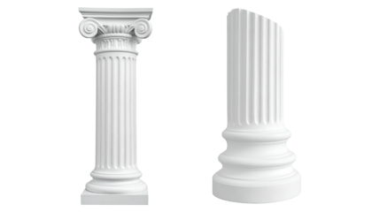 Two classical white columns one intact, the other truncated, against black