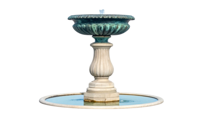 Classic tiered water fountain with flowing water, cut-out on a black background