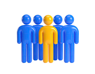 Rendered group of stylized figures one yellow stands before blue figures