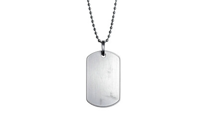 Shiny silver dog tag with a chain, displayed against a plain black background