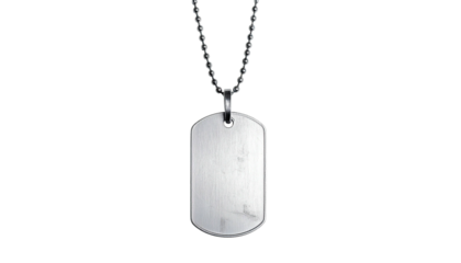 Shiny silver dog tag with a chain, displayed against a plain black background
