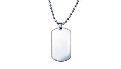 Shiny, rectangular pendant suspended by a chain against a black background