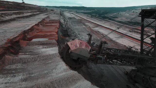 4K Drone Flight over Bucket Wheel Excavator 293 in Hambach Mine Germany