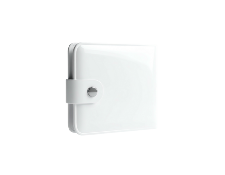 Glossy white square wallet with a silver button, against a black background