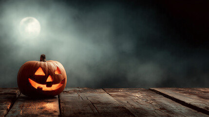  background scary pumpkin, Halloween night scene with glowing jack o lanterns in a spooky forest under a full moon and starry sky, creating a festive and eerie atmosphere for the holiday.