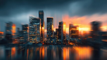 Obraz premium Blurred cityscape with golden reflections under a cloudy, orange sky. Ideal for illustrating urban growth, modern finance, or technology concepts.