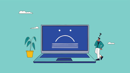 computer outage or blue screen error, common computer problem or server down, incorrect software update, operating system crash or cyber attack, confused people with computer blue screen error

