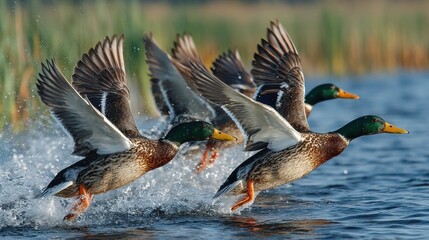Ducks in flight taking off above water with open wings
