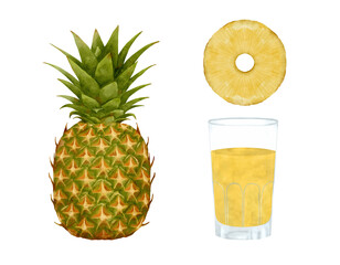 A Fresh Pineapple with Both Juice and Slice Isolated Beautifully on White Background