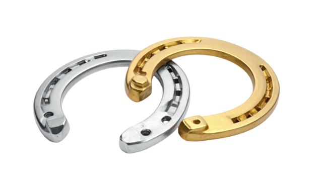 Two metallic horseshoes interlocked, one silver, one gold, on black background
