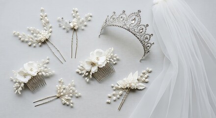 Obraz premium Elegant Wedding Accessories - Tiara and Hairpins with Pearls and Crystals.