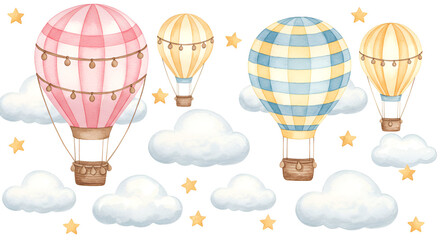 Obraz premium Watercolor hot air balloons with clouds and stars, a whimsical illustration