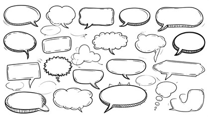 Fototapeta premium A collection of diverse, hand-drawn comic book-style speech bubbles and thought clouds in black ink on a white background.