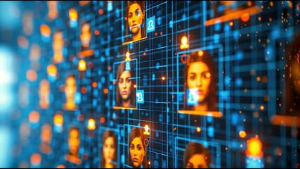 Futuristic digital interface with AI-generated faces and virtual identity network visualization in neon blue and orange tones   - Powered by Adobe