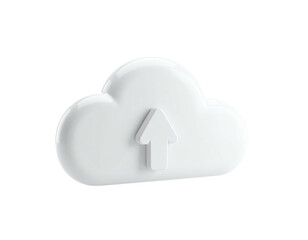 Glossy white 3D cloud icon with an upward arrow on a black background