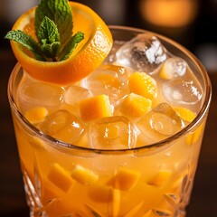 Refreshing Orange Cocktail with Ice and Mint Garnish.