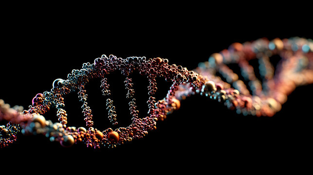 A glowing DNA double helix spirals in the dark, built from tiny metallic beads and spheres,and glow