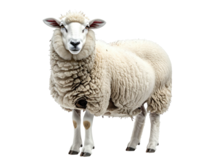 A fluffy, white sheep with a thick wool coat stands against a transparent backdrop