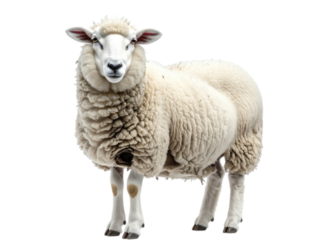 A fluffy, white sheep with a thick wool coat stands against a transparent backdrop