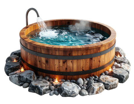 Wooden hot tub surrounded by rocks and candles with water flowing