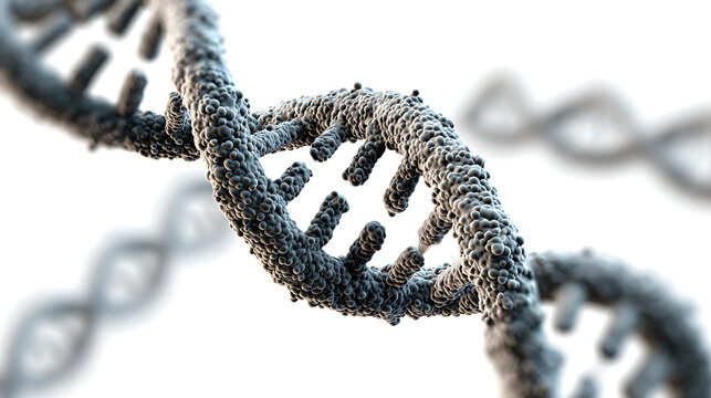 Close-up of a grey DNA double helix with intertwining strands and textured bases, in focus. in view - Powered by Adobe