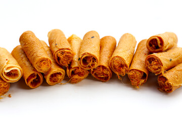 Rolled crispy wafers filled with shredded pork floss, Thai snack.