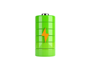 Bright green cylindrical battery icon with a lightning bolt on black background