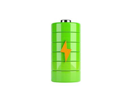 Bright green cylindrical battery icon with a lightning bolt on black background