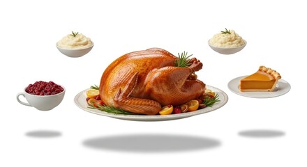 Roasted poultry dish served on a decorative platter, accompanied by bowls of cranberry sauce and mashed potatoes, and a slice of pumpkin pie on a white plate, all arranged against a stark, clean...
