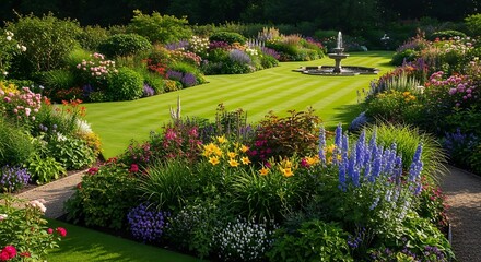 Lush Garden Landscape with Vibrant Flowers and Fountain Feature.