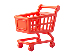 Bright red, 3D-rendered shopping cart isolated on a transparent background