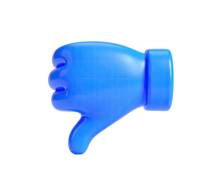 3D-rendered, glossy blue hand giving a thumbs down gesture, set against black