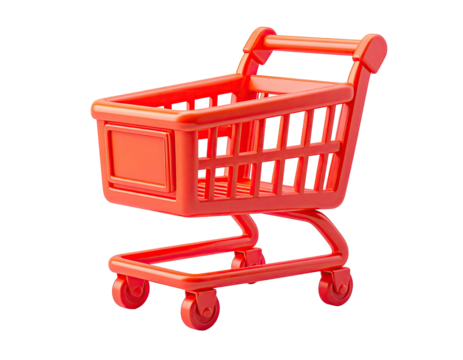 Bright red, 3D-rendered shopping cart isolated on a transparent background