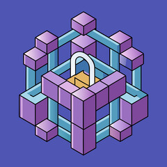 Fototapeta premium Geometric shapes forming a digital fortress with padlock symbols