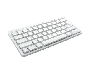 Angled view of a compact white computer keyboard with flat keycaps