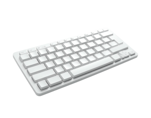 Angled view of a compact white computer keyboard with flat keycaps