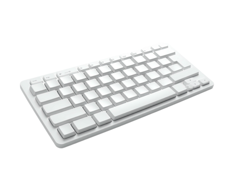 Angled view of a compact white computer keyboard with flat keycaps - Powered by Adobe