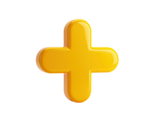 A glossy, golden, three-dimensional plus sign floating on a black background