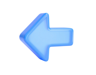 A 3D-rendered, glassy, blue arrow pointing left, isolated on a black background