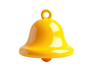 Glossy 3D illustration of a bright yellow bell, complete with loop, on black
