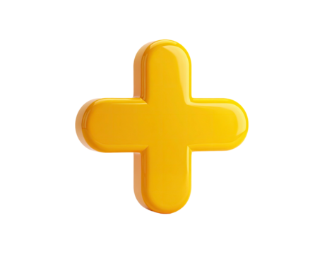 A glossy, golden, three-dimensional plus sign floating on a black background